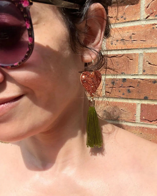 Copper glitter and olive tassel earrings Trend Tonic