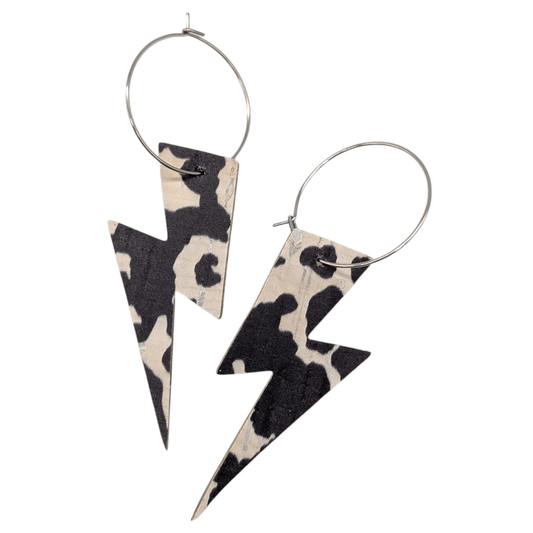 Cow print lightning bolt cork hoop earrings - Trend Tonic