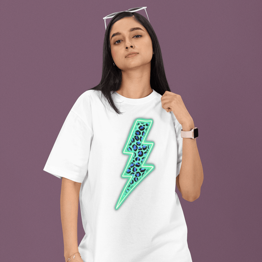 Electric blue leopard print lightning bolt crew neck t-shirt - Trend Tonic