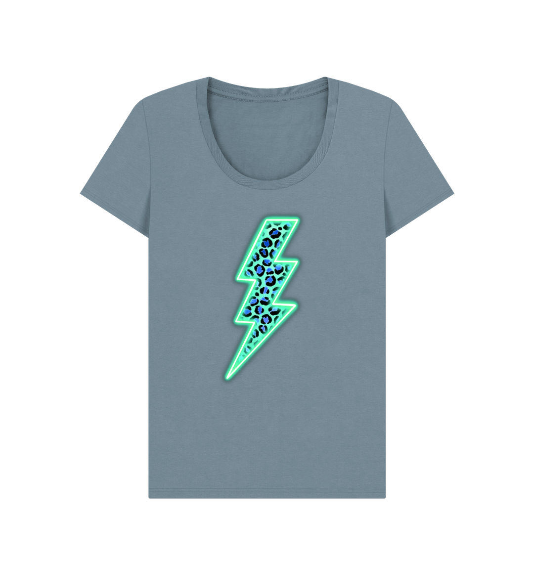 Electric blue leopard print lightning bolt scoop neck t-shirt - Trend Tonic