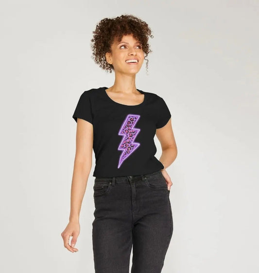 Electric purple leopard print lightning bolt scoop neck t-shirt - Trend Tonic