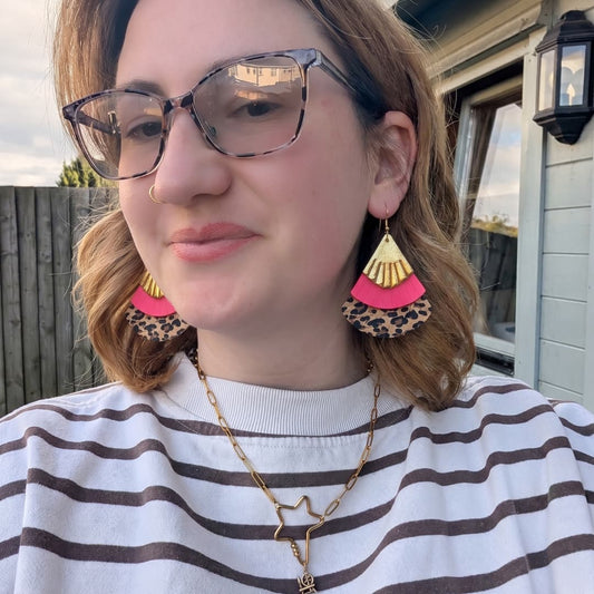 Fan - tastic gold, leopard and pink mega fan cork leather statement earrings - Trend Tonic