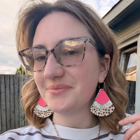 Fan - tastic silver, dalmatian and pink mega fan cork leather statement earrings - Trend Tonic