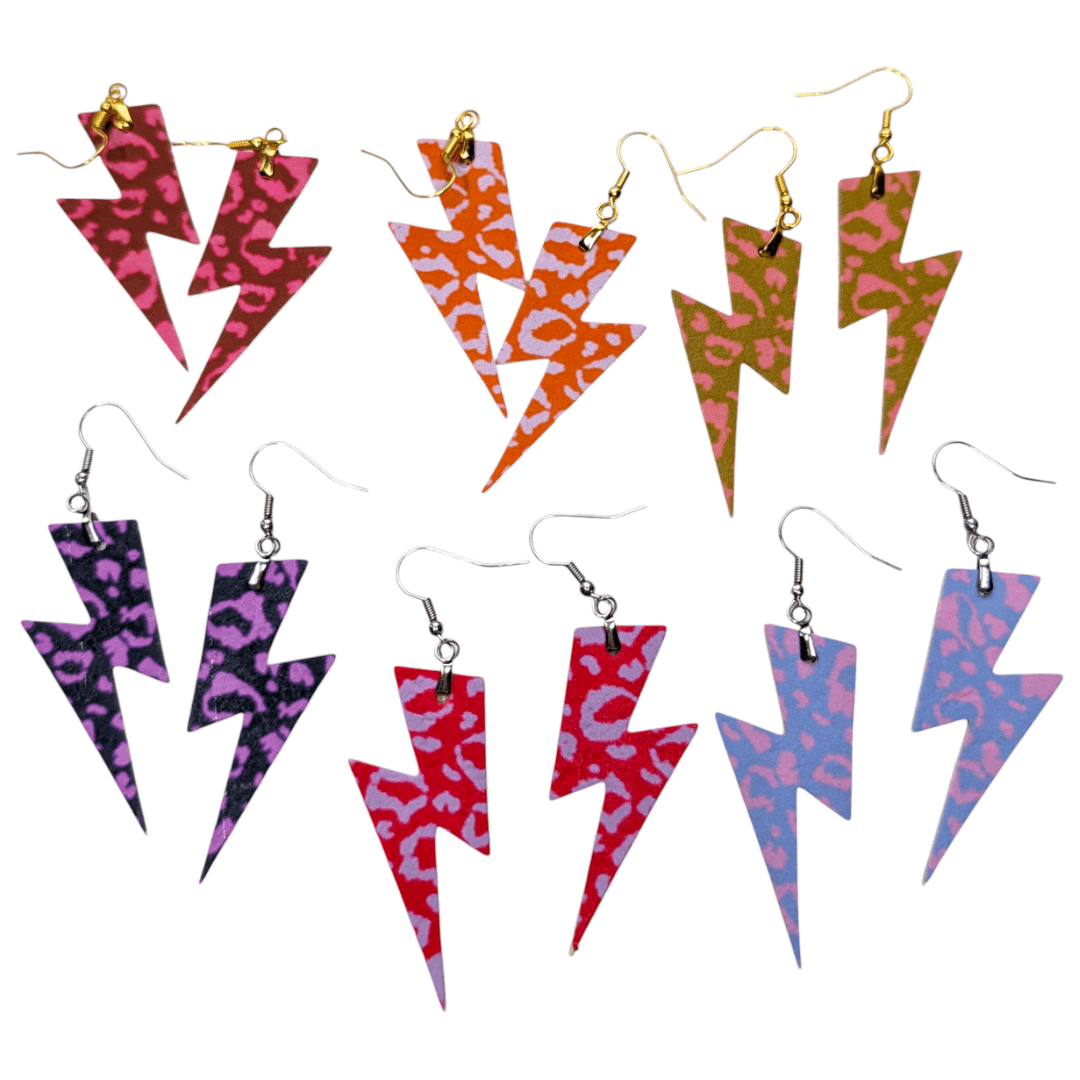 Green and blush leopard print lightning bolt cork earrings - Trend Tonic
