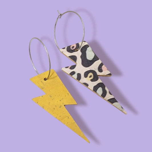 Lemon yellow and pastel leopard print lightning bolt earrings - Trend Tonic