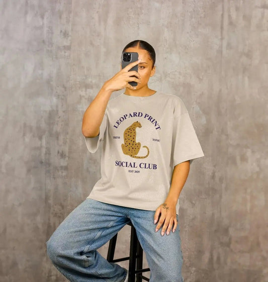 Leopard print social club oversized fit t-shirt - Trend Tonic