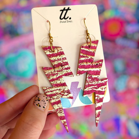 Metallic zebra print triple lightning bolt cork leather earrings - Trend Tonic