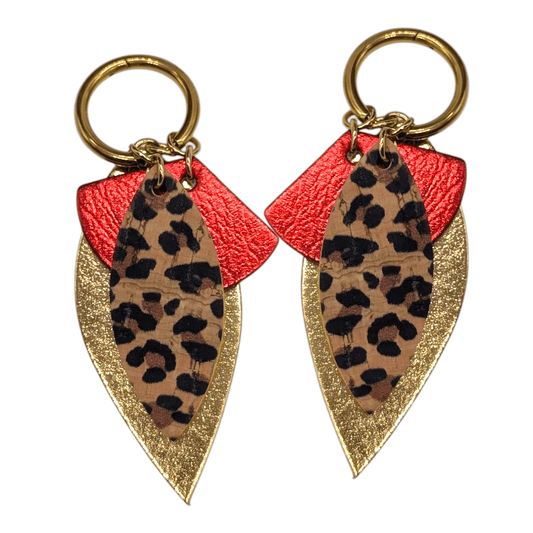 Multi piece gold red leopard and emerald green fan earring charms - Trend Tonic