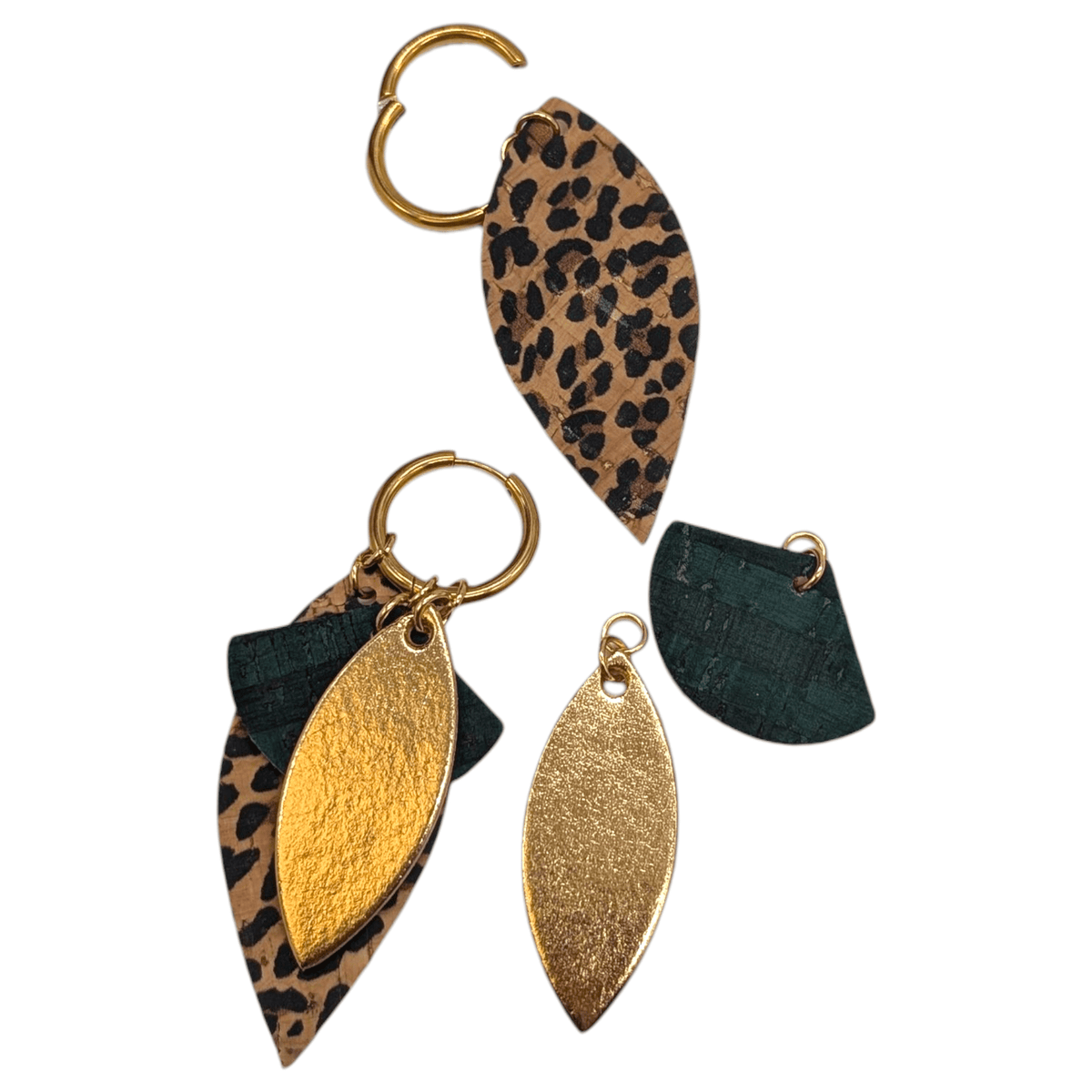Multi piece gold red leopard and emerald green fan earring charms - Trend Tonic