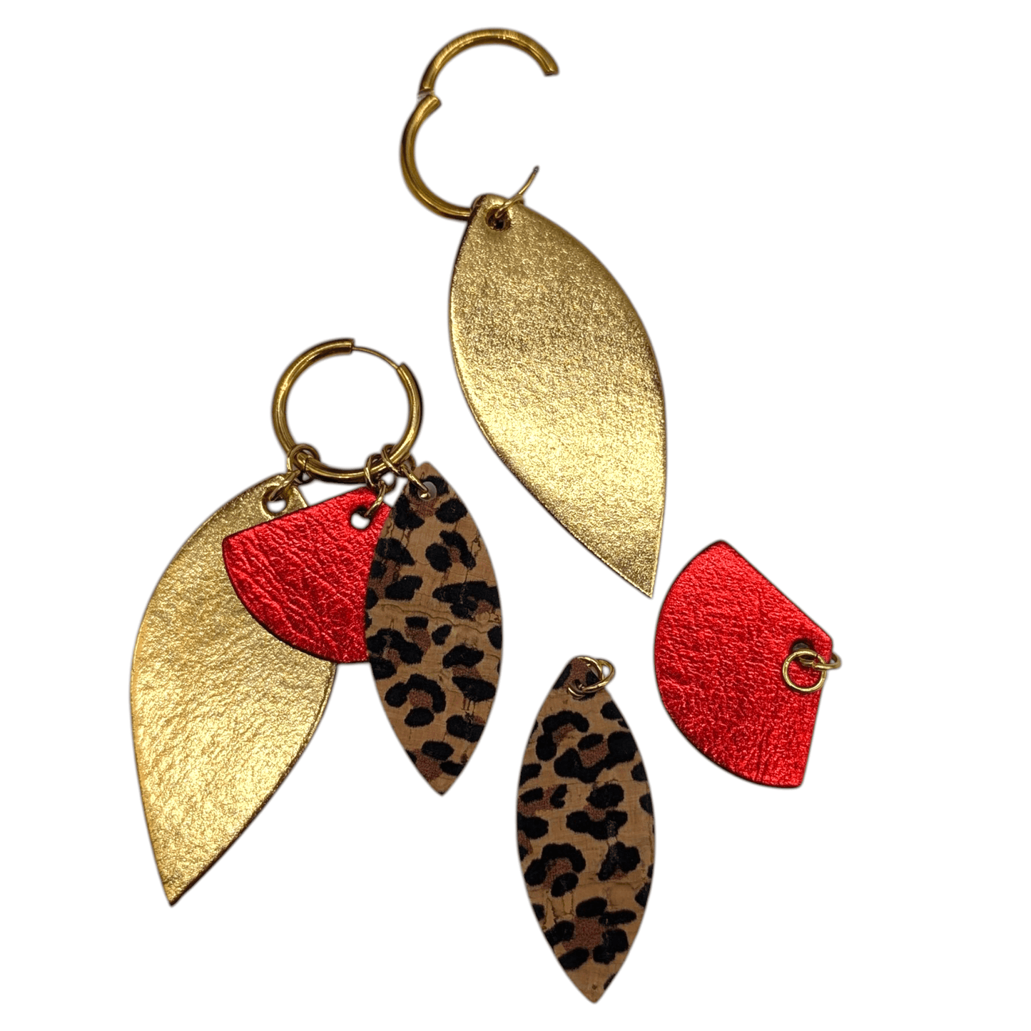 Multi piece gold red leopard and emerald green fan earring charms - Trend Tonic