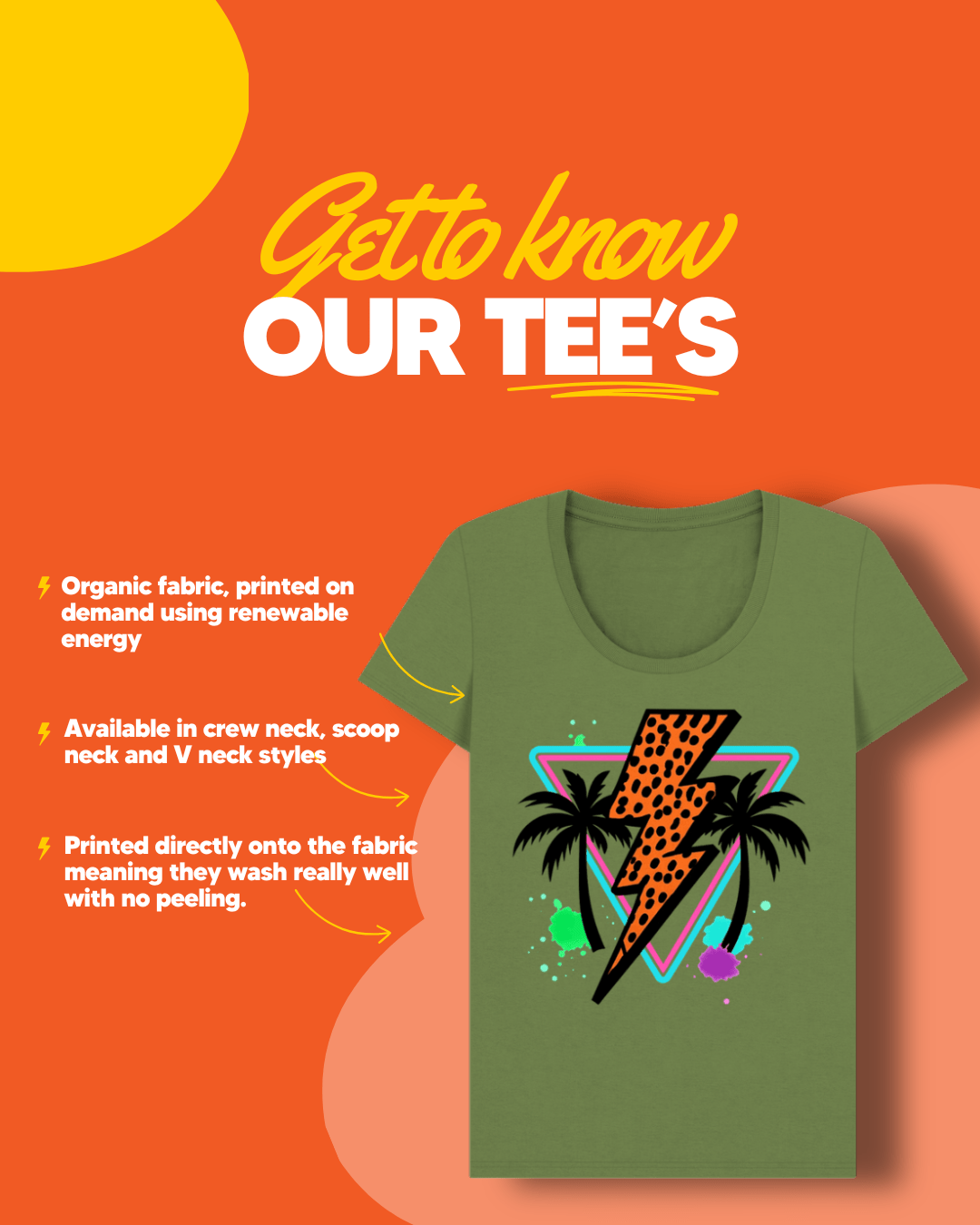 Orange lightning bolt palm tree scoop neck t-shirt - Trend Tonic