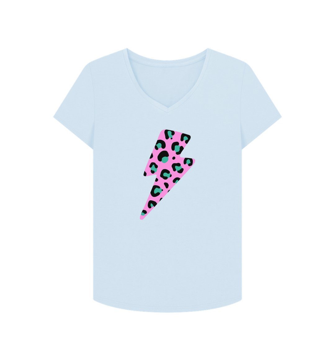 Pink leopard print lightning bolt V neck t-shirt - Trend Tonic