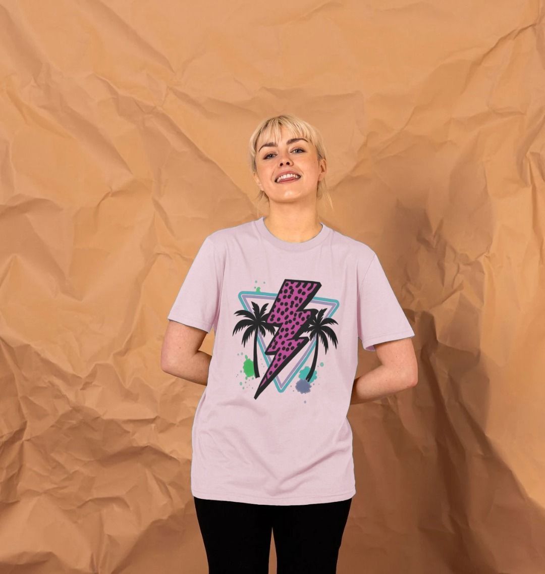 Pink lightning bolt palm tree crew neck t-shirt - Trend Tonic
