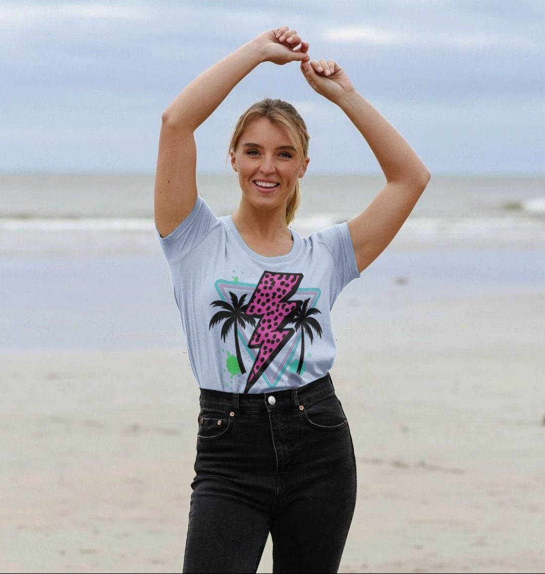 Pink lightning bolt palm tree scoop neck t-shirt - Trend Tonic