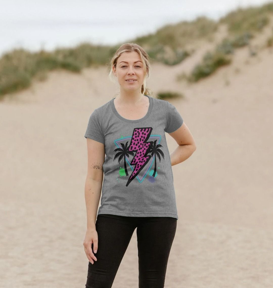 Pink lightning bolt palm tree scoop neck t-shirt - Trend Tonic