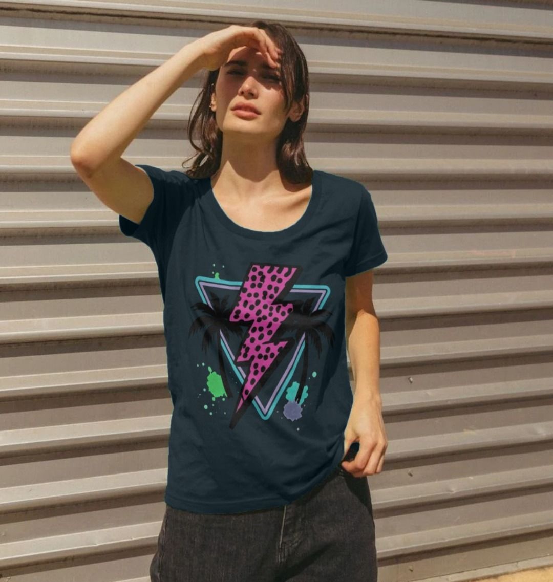 Pink lightning bolt palm tree scoop neck t-shirt - Trend Tonic