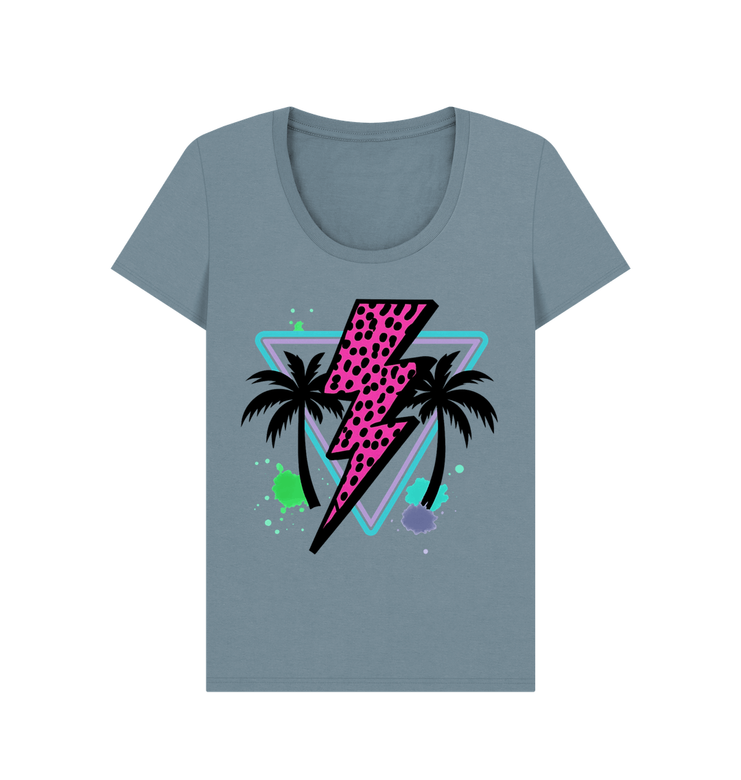 Pink lightning bolt palm tree scoop neck t-shirt - Trend Tonic