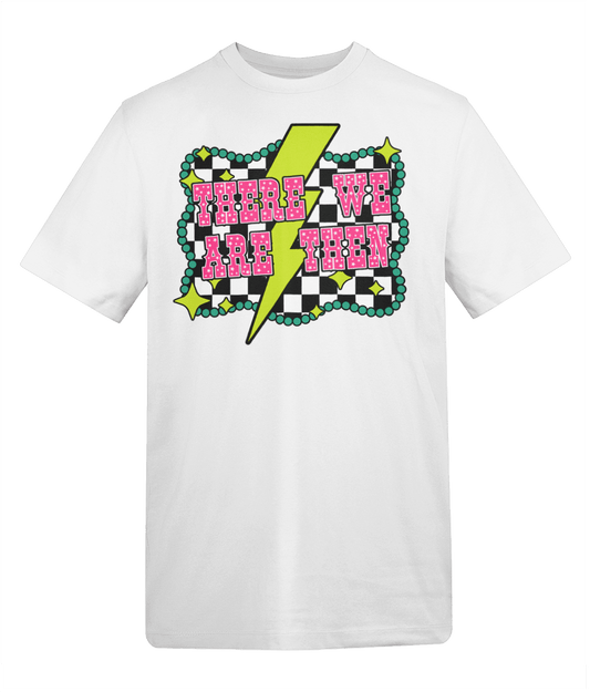 a white t-shirt with pink and black text