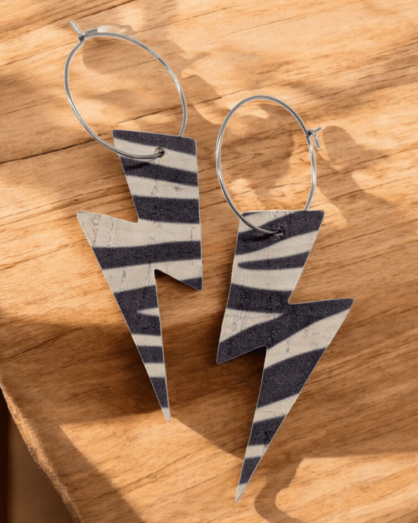 Zebra print cork lightning bolt hoop earrings - Trend Tonic