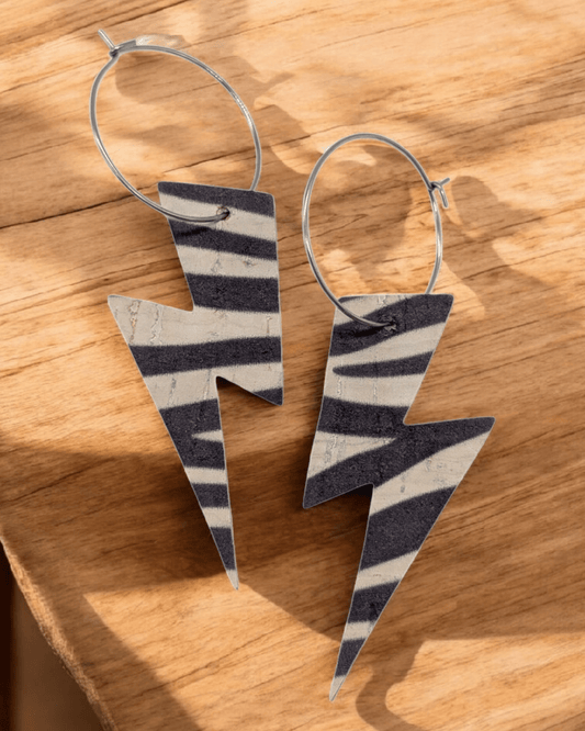 Zebra print cork lightning bolt hoop earrings - Trend Tonic