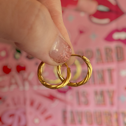a person holding a pair of gold hoop earrings