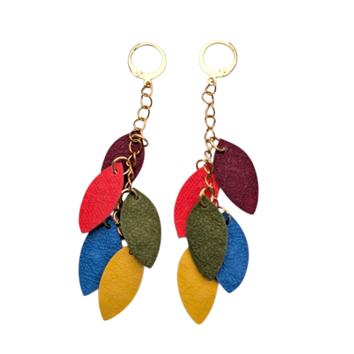 a pair of colorful leather earrings