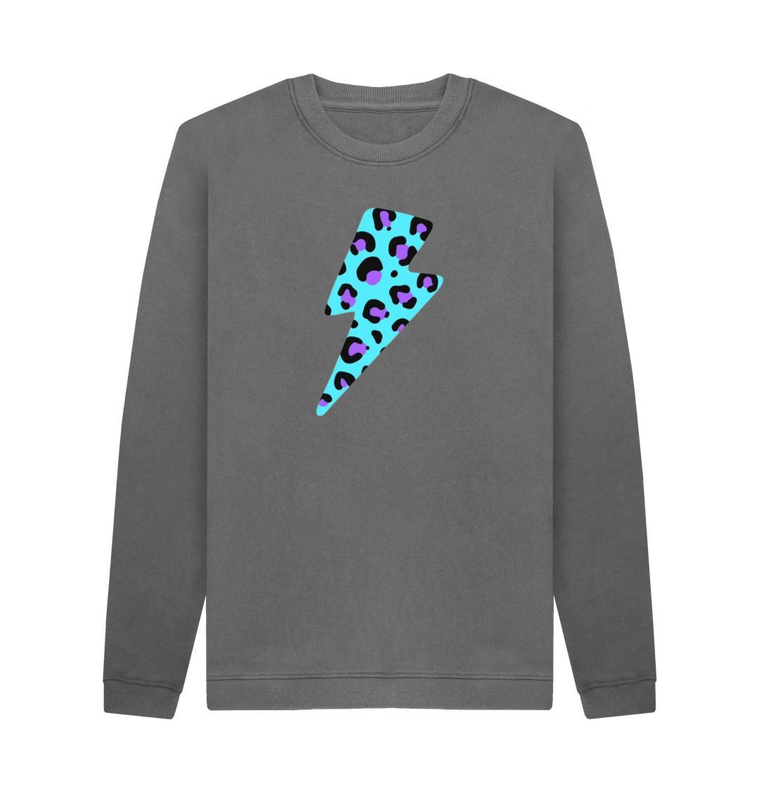 Slate Grey Unisex Blue leopard print lightning bolt sweater