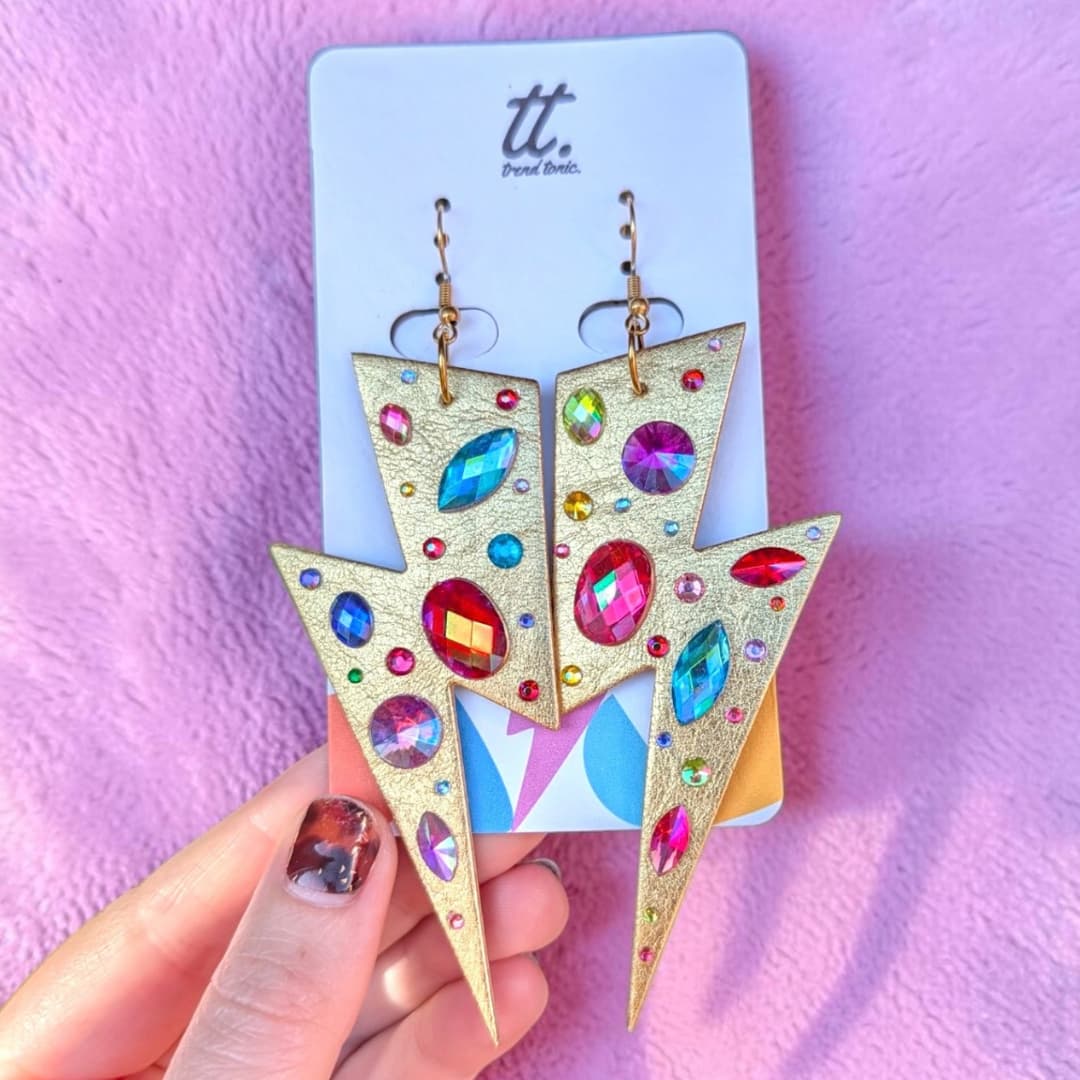 Extra large Bedazzled crystal lightning bolt earrings