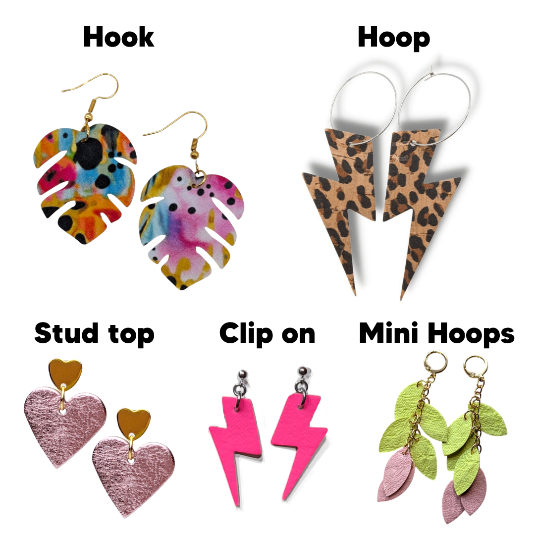 a group of earrings with different shapes