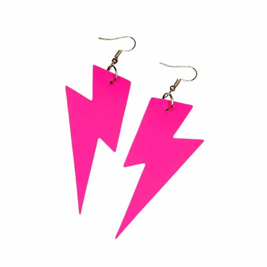 Large Neon Pink Lightning Bolt Earrings Handcrafted From Vegan Cork Leather On Silver or Gold Hooks