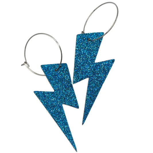 Blue glitter lightning bolt hoop earrings