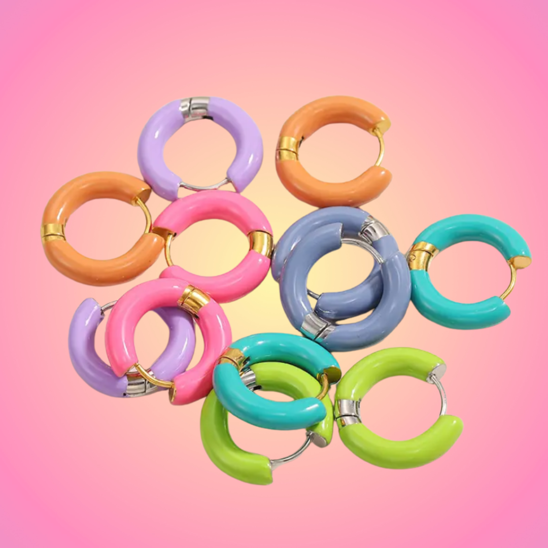 a group of colorful hoop earrings