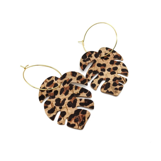 Leopard print monstera leaf earrings