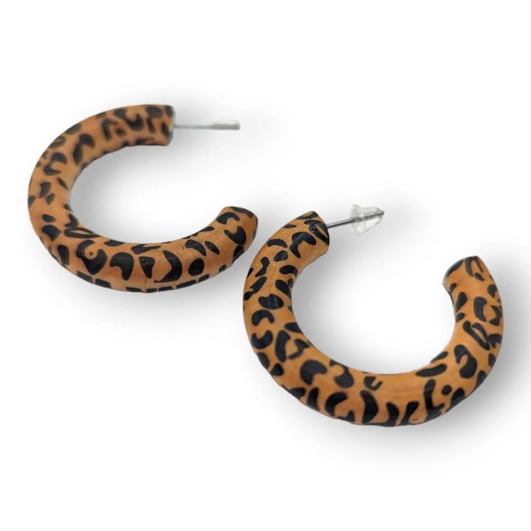 Leopard print wooden hoop earrings