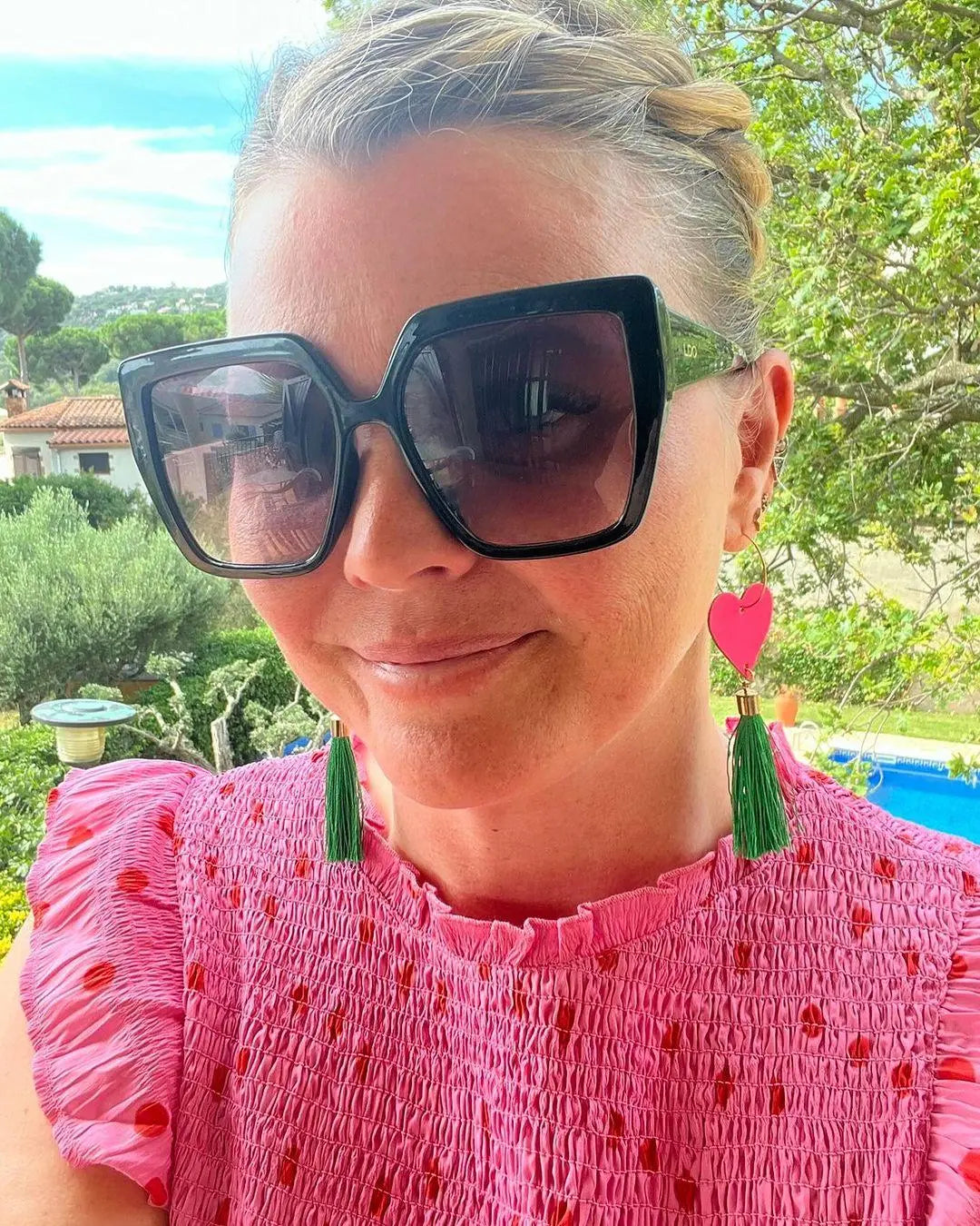 Neon pink and gold green tassel earrings Trend Tonic