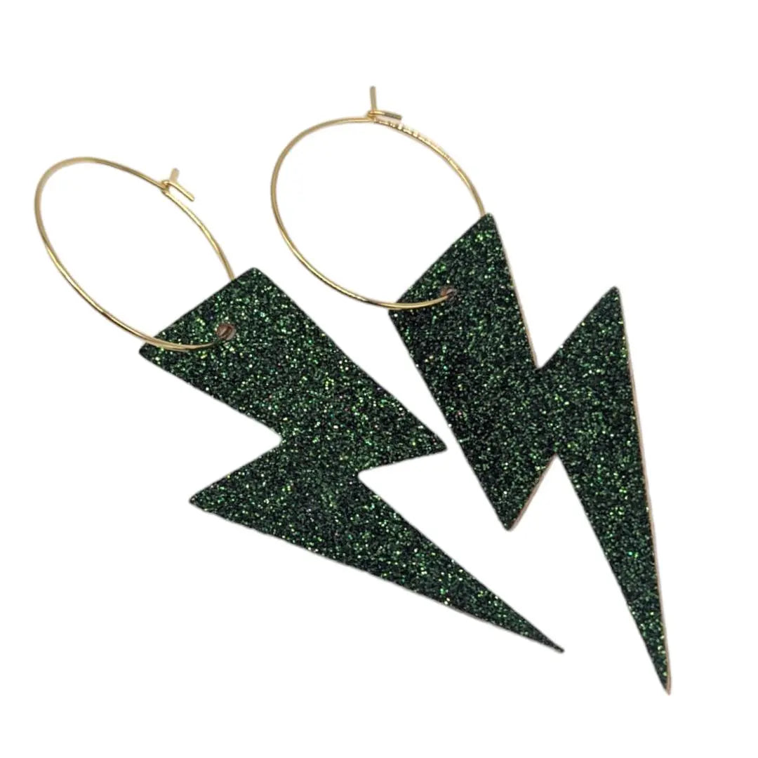 Olive green glitter lightning bolt hoop earrings