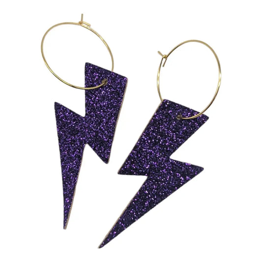 Purple glitter lightning bolt hoop earrings