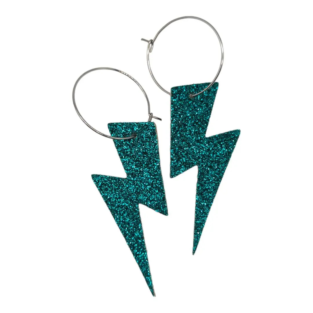 Turquoise glitter lightning bolt hoop earrings