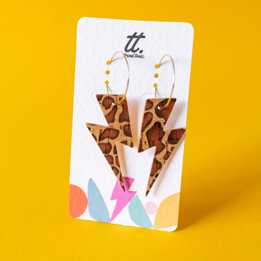 Brown cow cork lightning bolt earrings - Trend Tonic