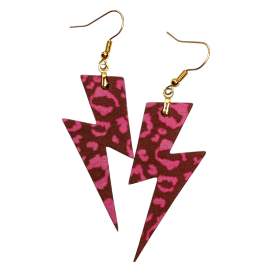 Chocolate and pink leopard print lightning bolt cork earrings - Trend Tonic