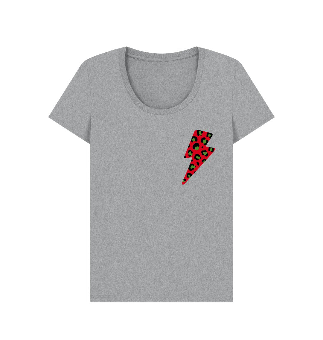 Christmas red and green leopard print lightning bolt scoop neck t-shirt - Trend Tonic