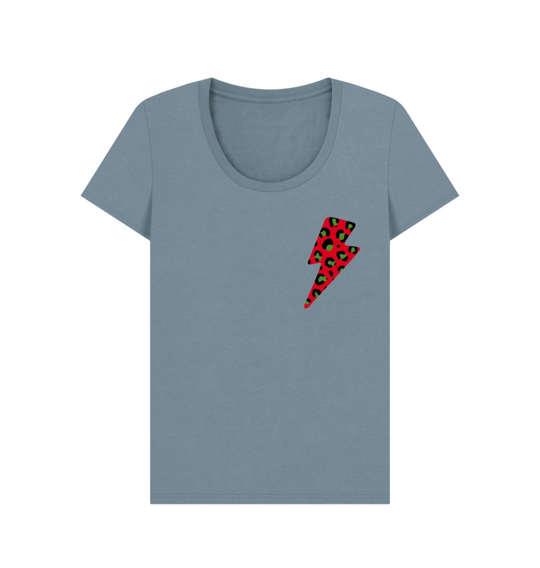Christmas red and green leopard print lightning bolt scoop neck t-shirt - Trend Tonic