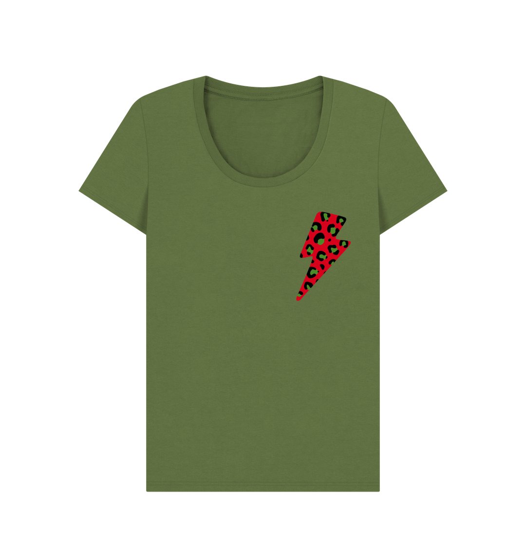 Christmas red and green leopard print lightning bolt scoop neck t-shirt - Trend Tonic