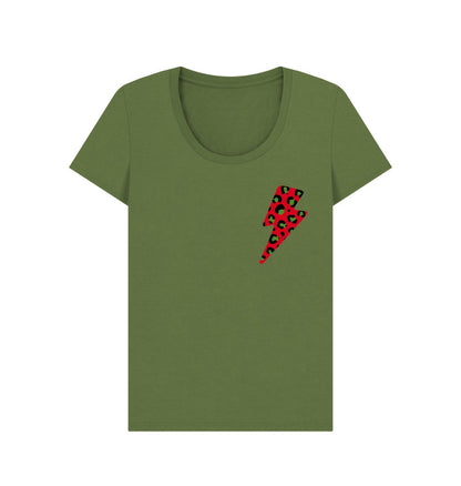 Christmas red and green leopard print lightning bolt scoop neck t-shirt - Trend Tonic