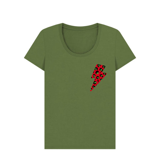 Christmas red and green leopard print lightning bolt scoop neck t-shirt - Trend Tonic