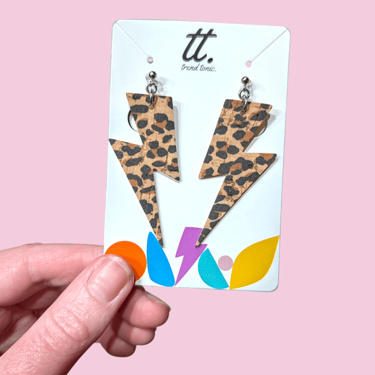 Clip on leopard print cork lightning bolt earrings - Trend Tonic