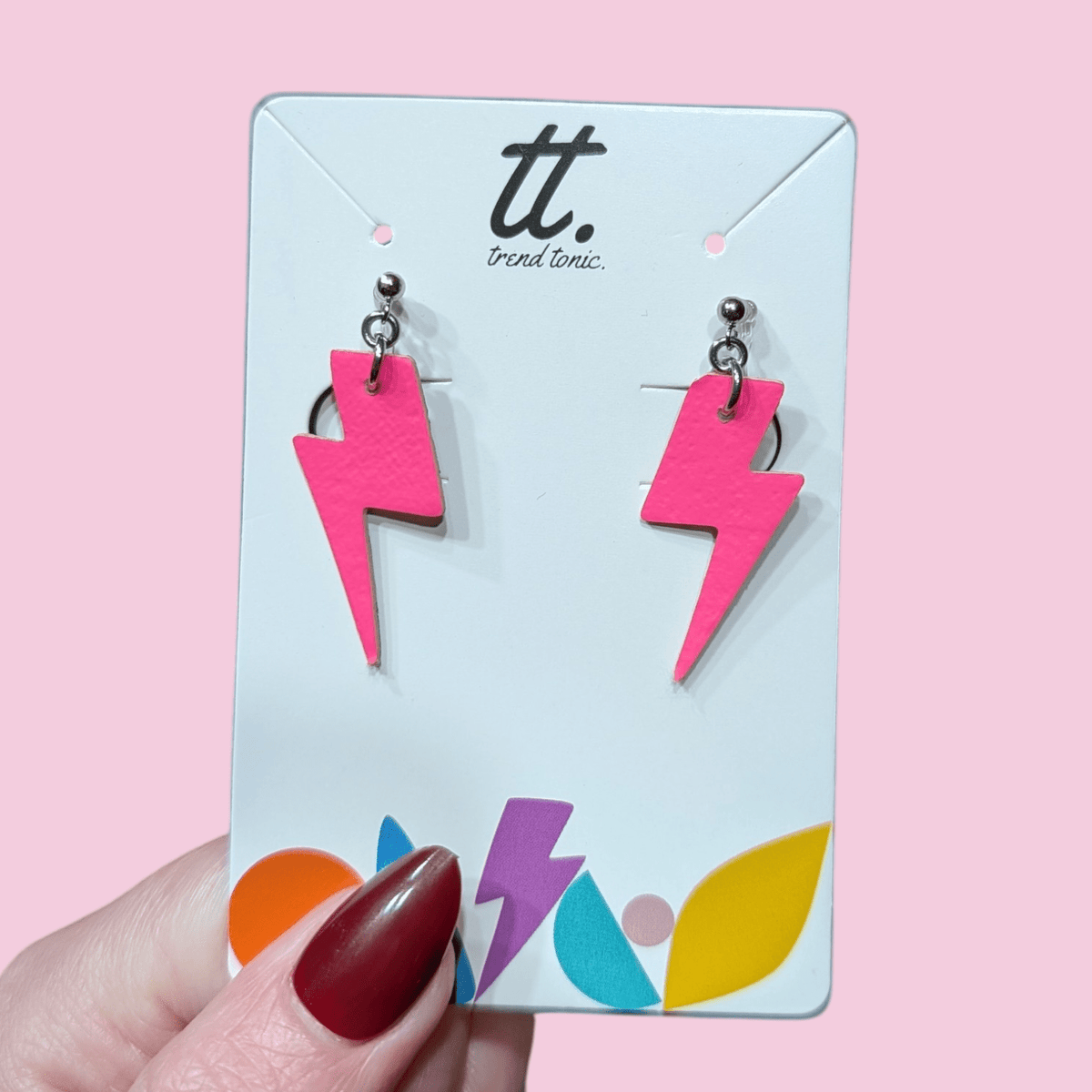 Clip on mini neon pink cork lightning bolt earrings - Trend Tonic