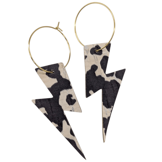 Cow print lightning bolt cork hoop earrings - Trend Tonic