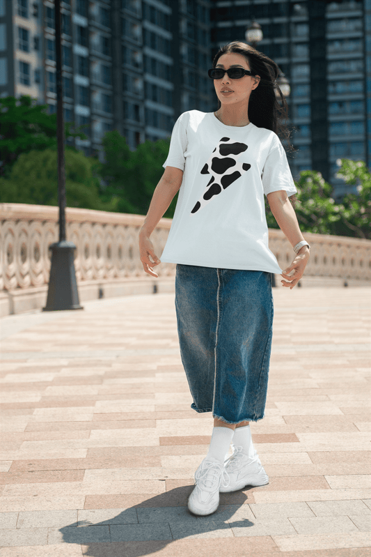 Cow print lightning bolt crew neck t-shirt - Trend Tonic