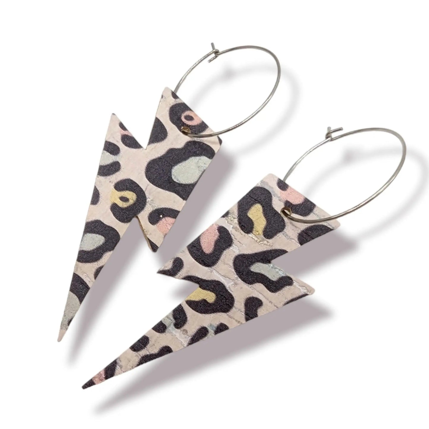 Double sided silver and rainbow leopard print cork lightning bolt earrings - Trend Tonic